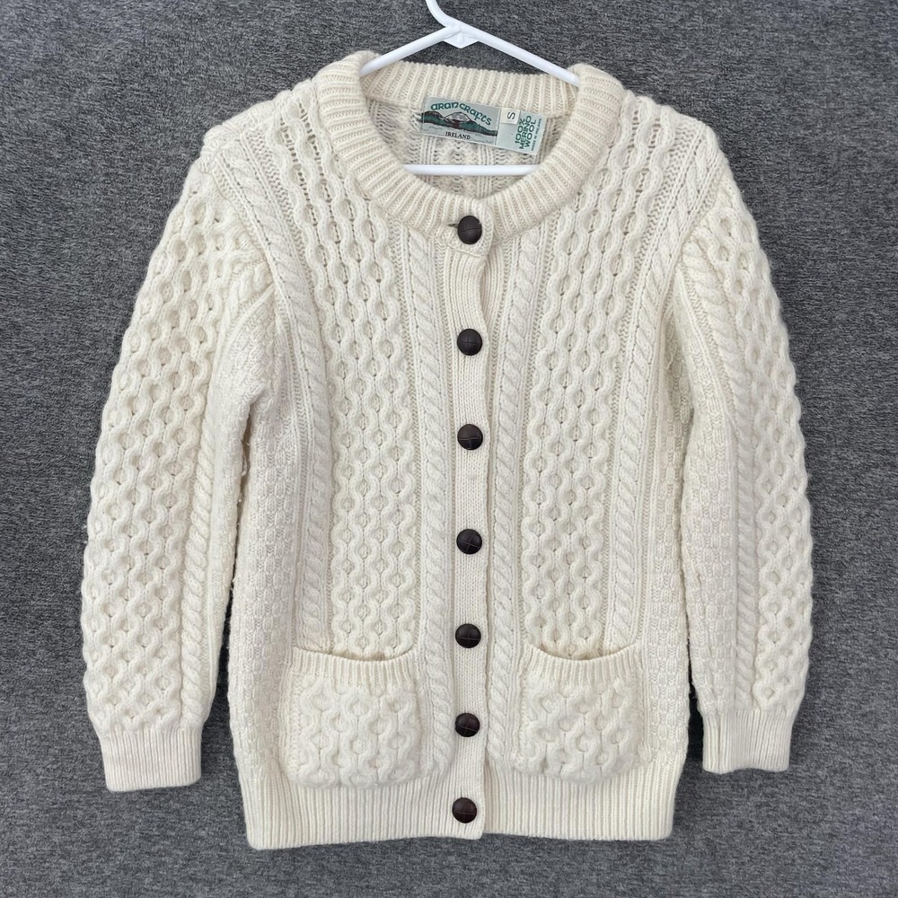 Aran Crafts Cardigan Sweater Womens Small Merino Wool Cable Knit Pockets Ireland